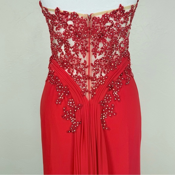 Cache Cherry Red Sheer Floral Back  Strapless Illusion Gown w/ AB Rhinestones 8 - Picture 7 of 16